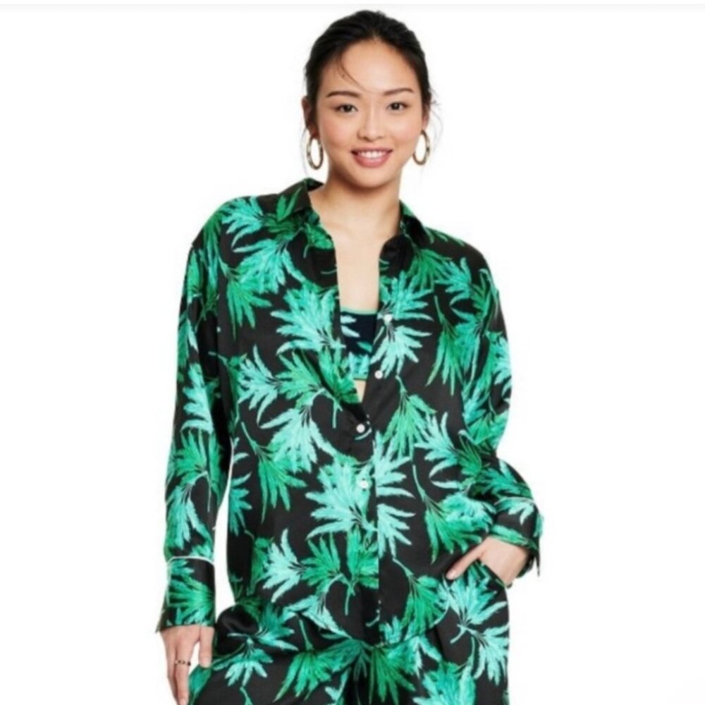 Fe Noel x Target Palm Print Button Down Shirt 2X Green Black Resort Coverup